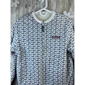 Vineyard Vines Reversible Jacket Girls Sz L White Navy Whale Print Pocket Fleece